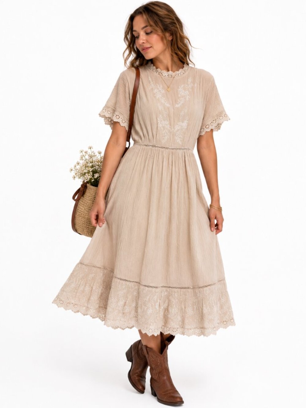 Salt Larchmont Eyelet Dress Womens L Beige Embroidered Lined NWT Boho Cottage‎
